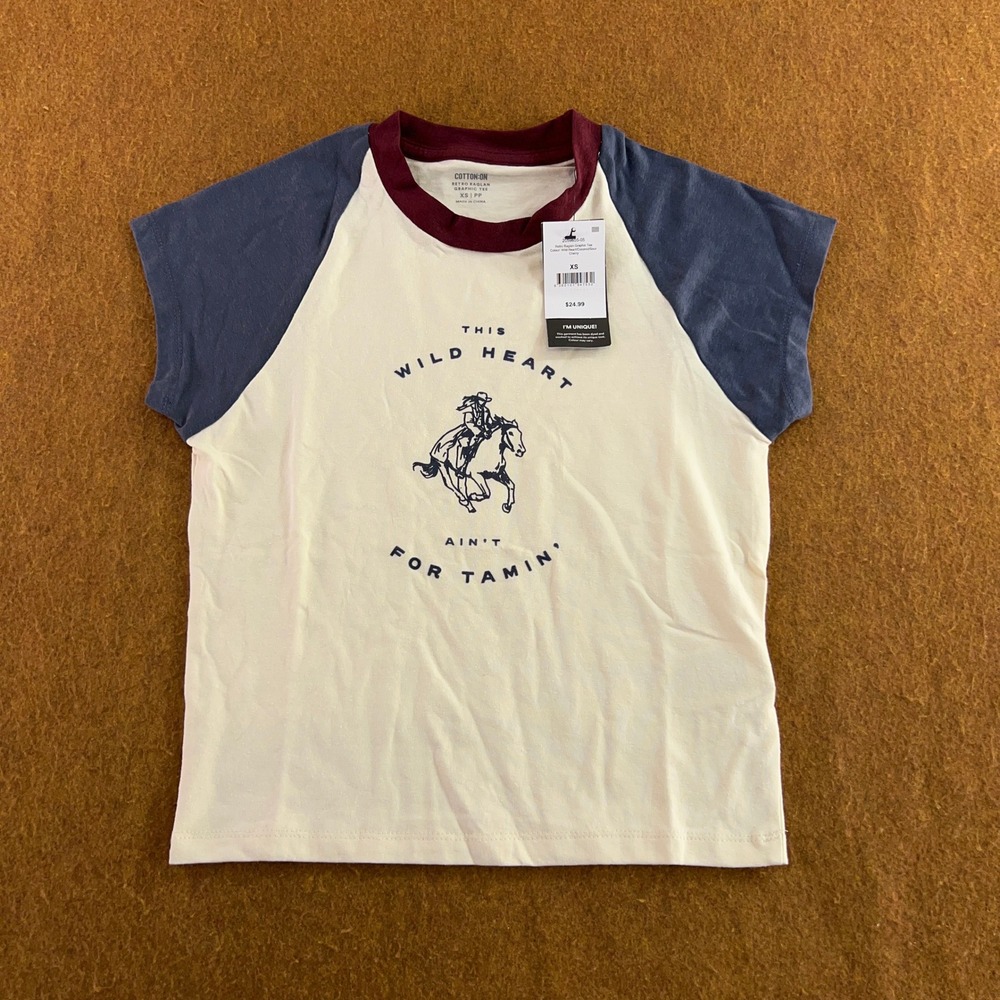 Cotton On Women XS Coconut Retro Raglan Wild Heart Graphic Tee NWT